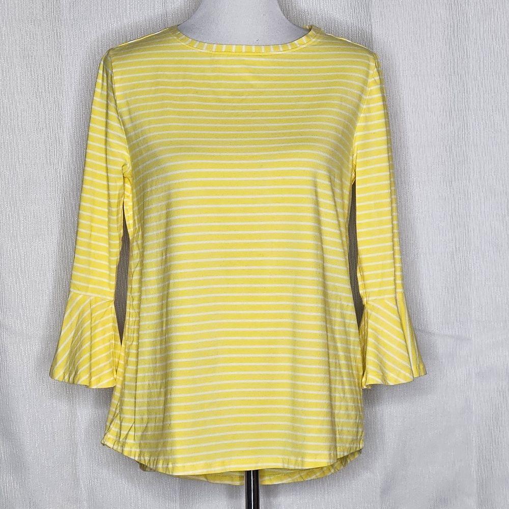 Coolibar Iris Yellow Striped Ruffle Sleeve UPF 50+ Cotton Blend Knit Blouse